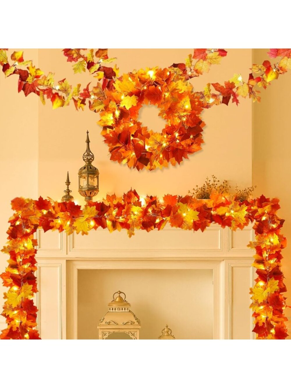 4 Pack Lighted Fall Leaf Garland - Autumn Decor for Mantle, Table & Outdoor